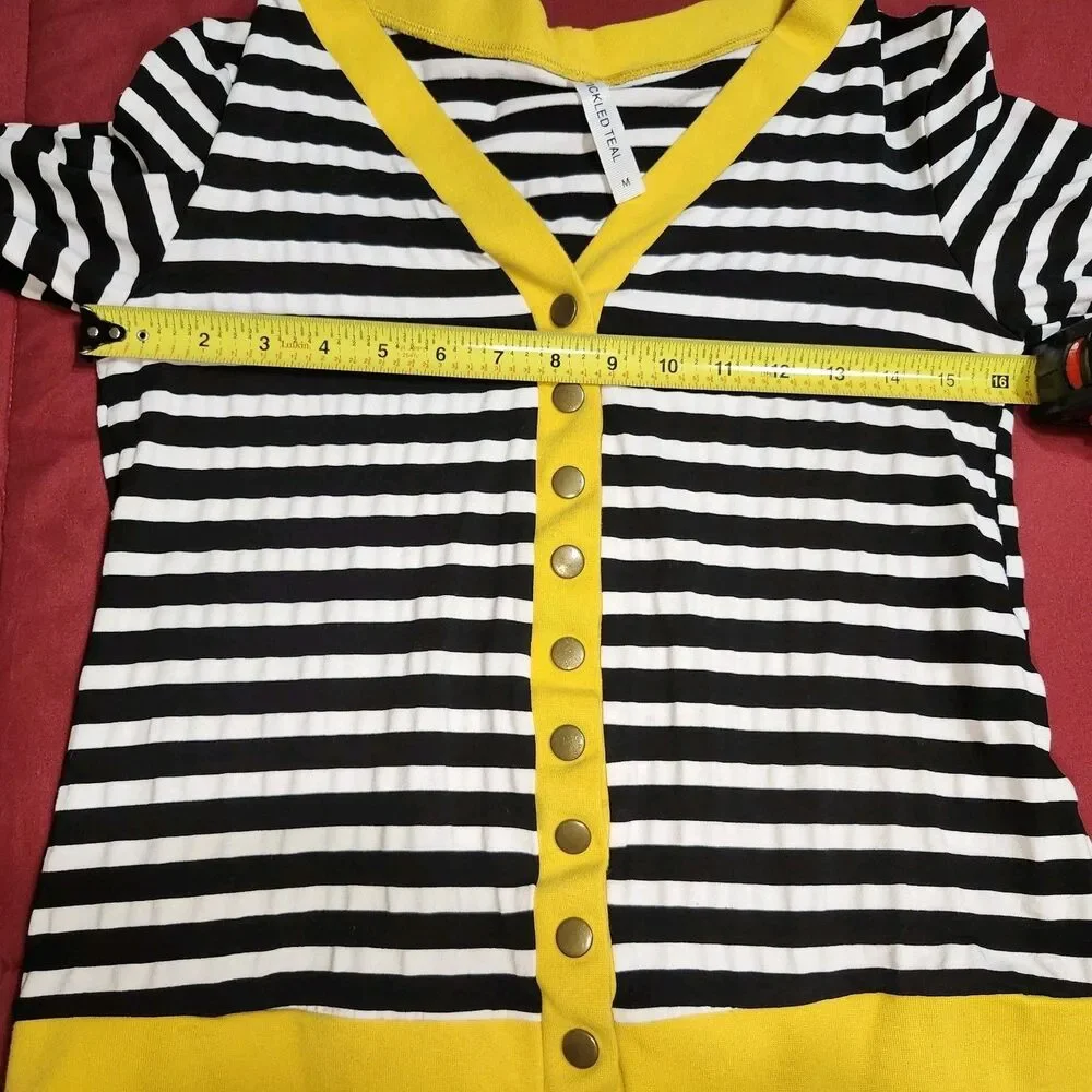 Tickled Teal Striped Snap Front Cardigan Black White Yellow Hipster M (Small) - Picture 6 of 11